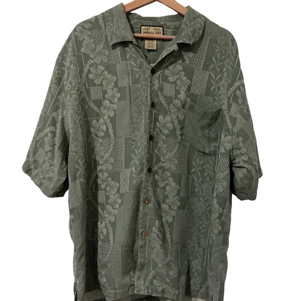Jamaica Jaxx Silk Button Front Shirt Mens XL Green Excellent Floral Jacquard